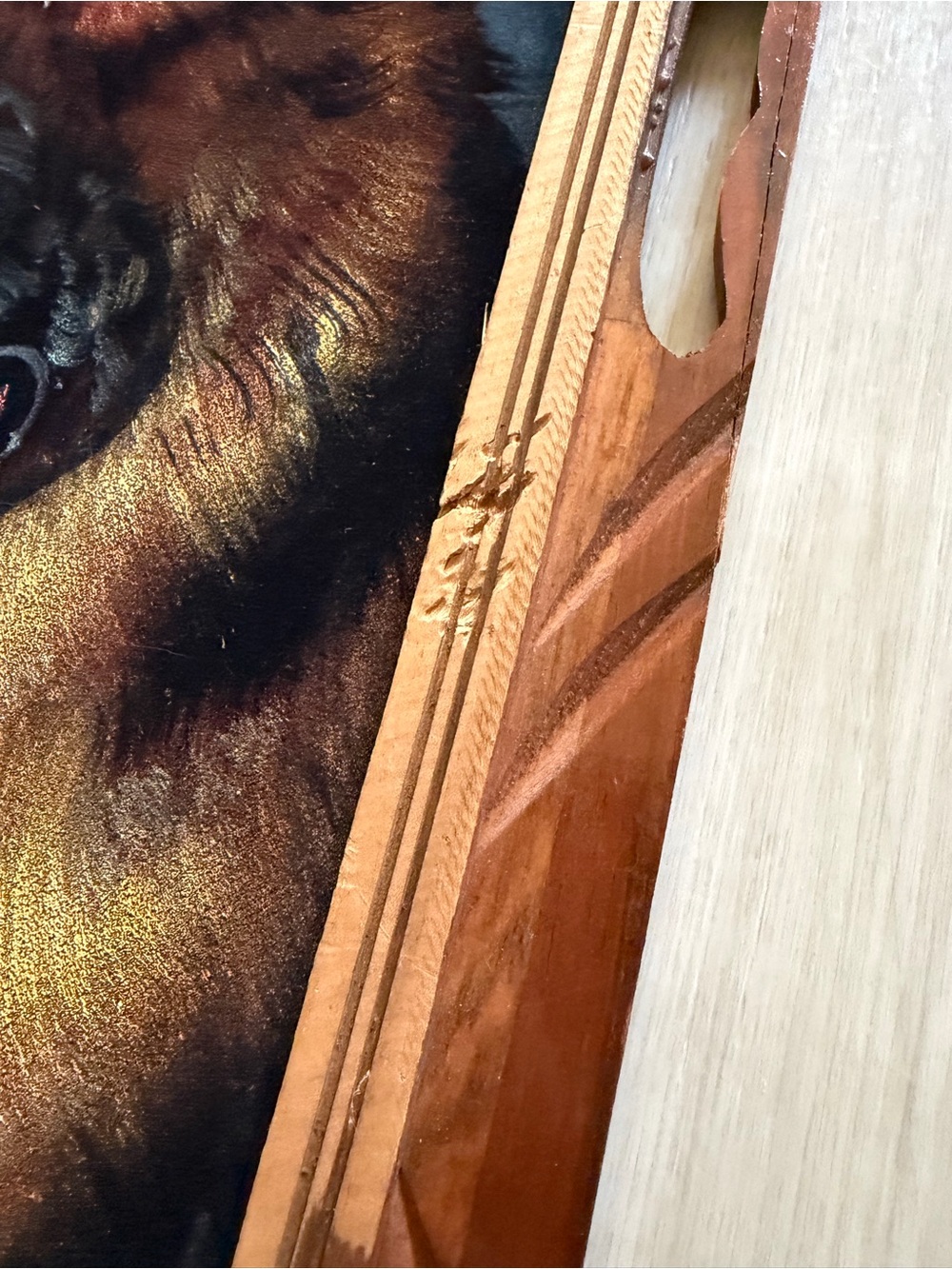 Vintage Mexican Handpainted German Shepard on Velvet Hand Carved Wood Frame - Picture 5 of 8